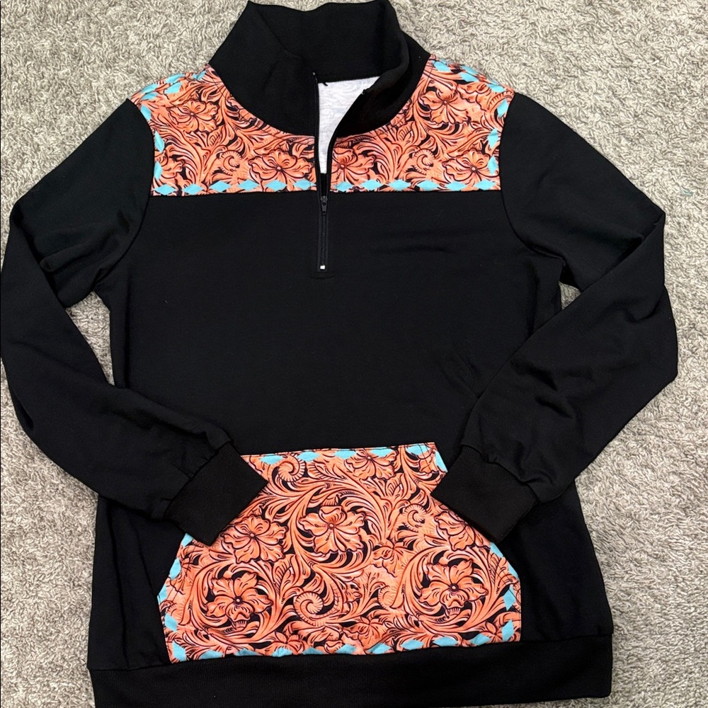 Black Cowl Sweater with Orange Floral Accent Panels